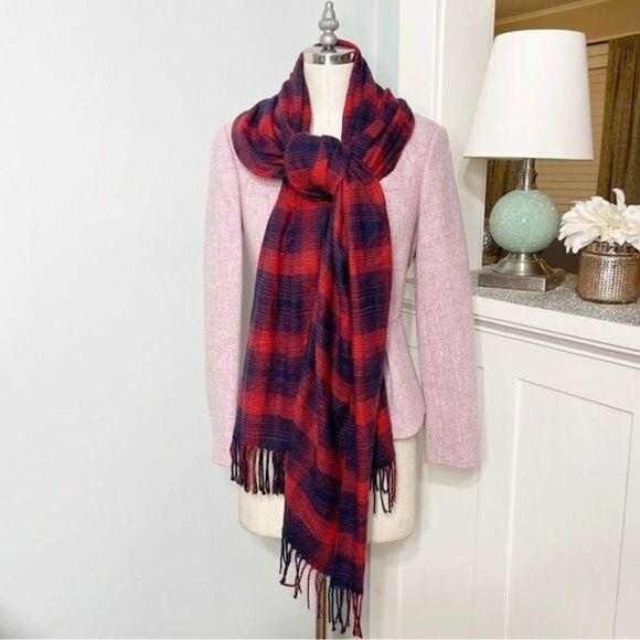 Banana Republic Navy Blue & Red Plaid Fringe Scarf - Picture 3 of 10